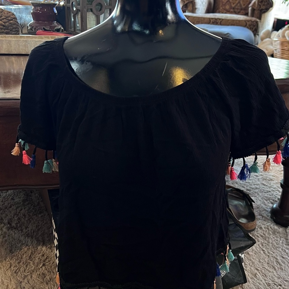 Black Women's Top with Multicolor Tassels by Social Teen
